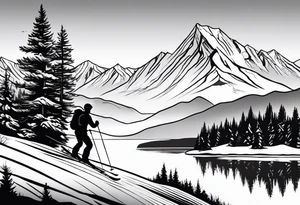 snow skier coming down mountain in distance with trees and mountains and lake at bottom tattoo idea