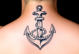 weathered anchor wrapped in nautical rope with sea waves tattoo idea