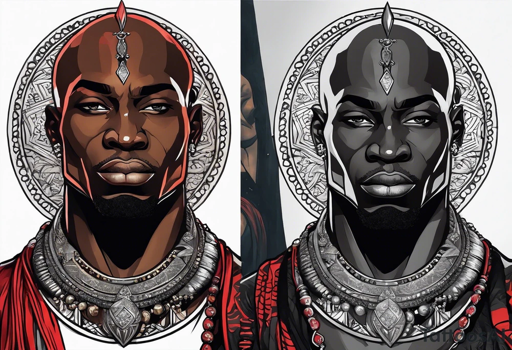 Black-skinned bald african warrior. He is a god of the war. Wears a simple red necklace and a silver crown tattoo idea
