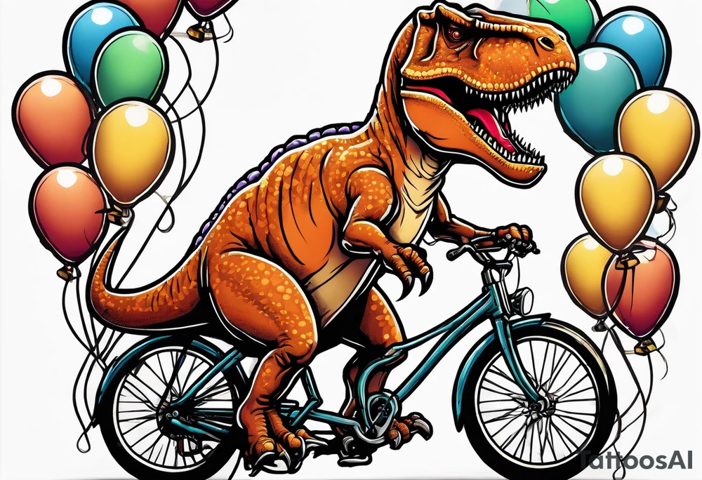 T-rex riding a bicycle holding balloons neo trad front view tattoo idea