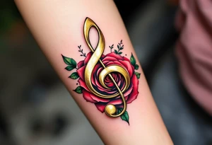 A metallic gold treble clef pierced through a crimson rose, with green ivy vines coiling around it and subtle shading in black and burgundy for depth and elegance. tattoo idea