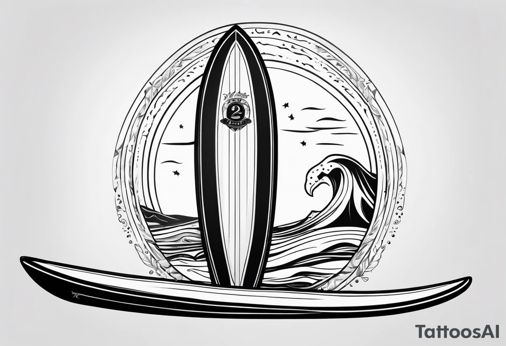 Surfboard outline with a penguin inside and the date 25/07 tattoo idea