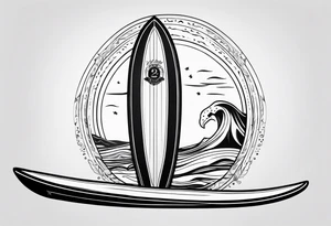 Surfboard outline with a penguin inside and the date 25/07 tattoo idea