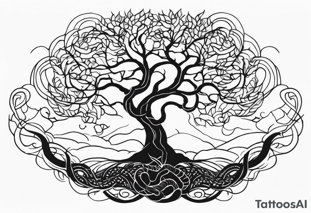 A tree reaching the sky with the roots reaching hell, having a snake around it. All based on Carl Jung ideas. tattoo idea