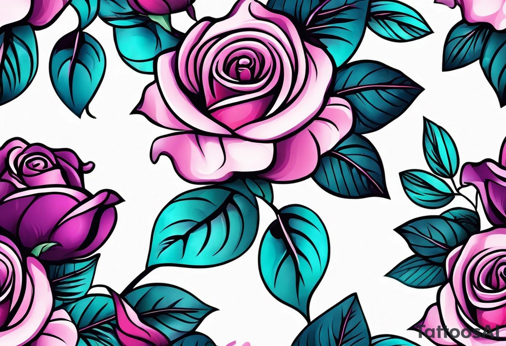 Vertical Pink purple roses with teal leaves tattoo idea