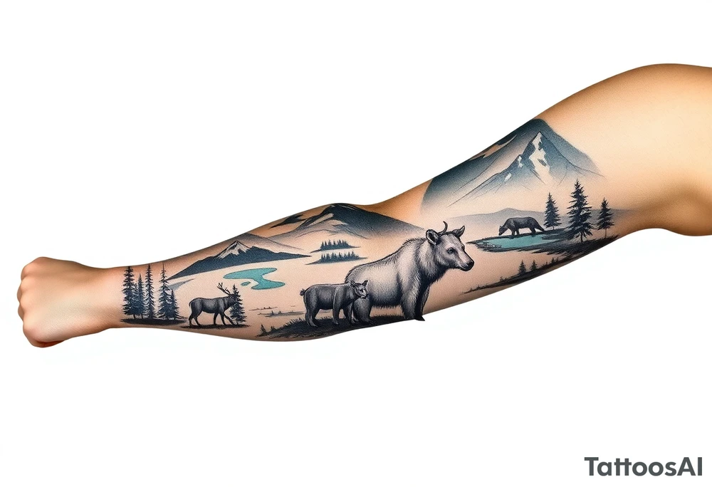 A full-sleeve with the Härjedalen landscape, reindeer, bear, lakes, mountains (Helags), tattoo idea