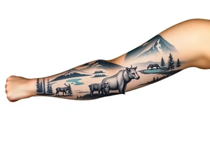 A full-sleeve with the Härjedalen landscape, reindeer, bear, lakes, mountains (Helags), tattoo idea