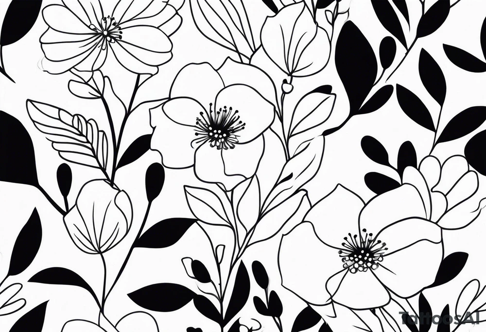 Create a whimsical floral tattoo with abstract shapes and soft curves, capturing the essence of femininity in a minimalist style. tattoo idea