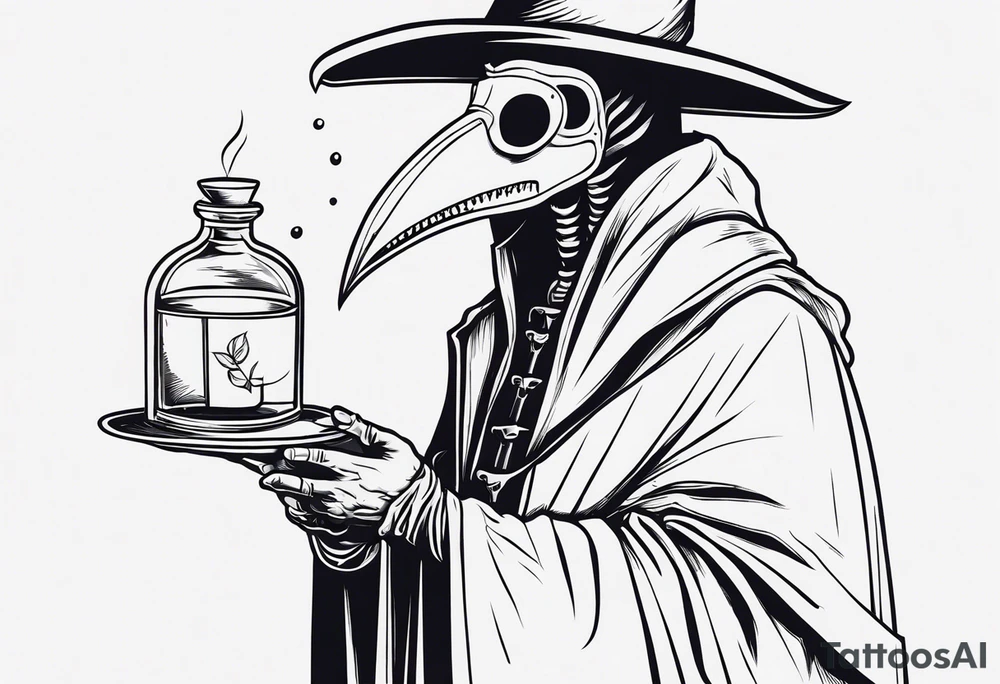 plague doctor with a skeleton hand holding medicine tattoo idea