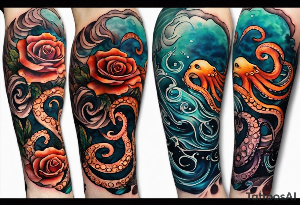 abstract gender-neutral Octopus Arm Sleeve tattoo with subtle facial features, a small rose, water swirls, rocks, underwater features in fall colors tattoo idea