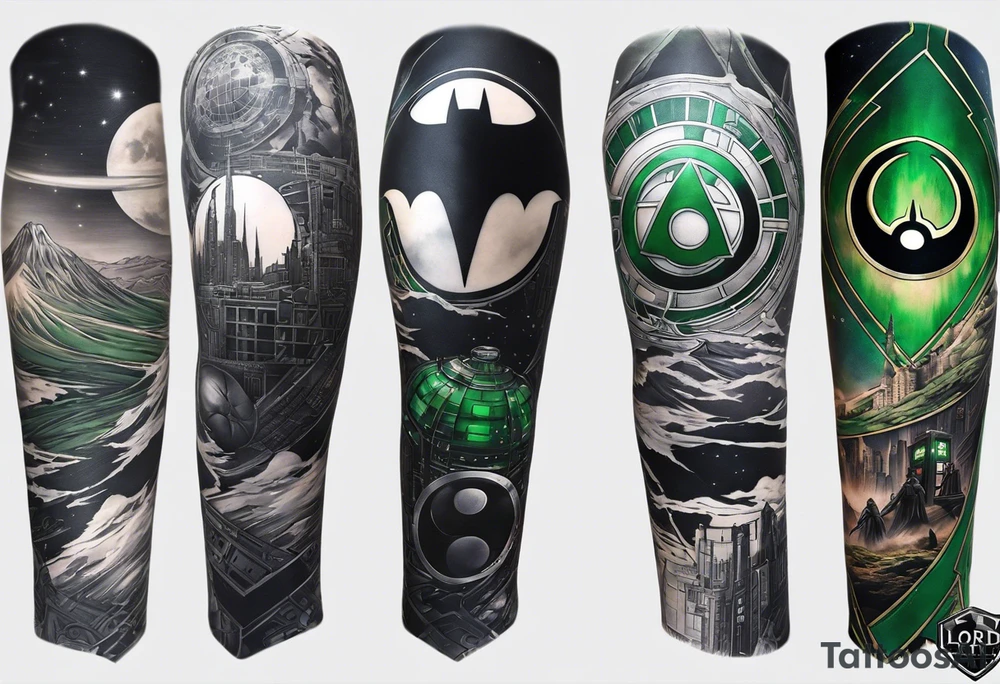 Full arm sleeve tattoo extending from shoulder to wrist featuring the Superman shield, Batman emblem, Green Lantern Corp emblem, Star Wars Rebel Alliance emblem, the Death Star. I'd like the area filled around to resemble landscape and architecture from Lord of the Rings tattoo idea