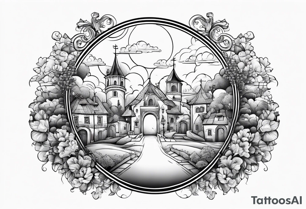 heaven summer town with tower houses gate entrance 
 in circle vignette surrounded by clouds tattoo idea