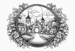 heaven summer town with tower houses gate entrance 
 in circle vignette surrounded by clouds tattoo idea