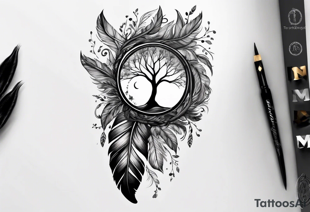 tattoo drawing of a feather with a circle of life tree inside tattoo idea