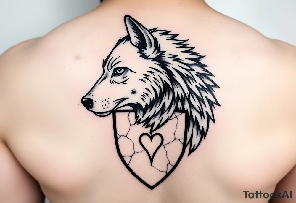 A powerful, masculine tattoo of a lone wolf’s head in profile, fierce but calm, with a subtle glint of sadness in its eye. Behind the wolf is a cracked and battle-worn shield symbolizing struggles and anxiety. On the shield is a small, subtle heart or flame engraving representing hidden love and passion. The design features sharp, detailed linework emphasizing fur texture and shield cracks. Style is bold blackwork with minimal shading, focusing on strength, resilience, and quiet emotion. tattoo idea