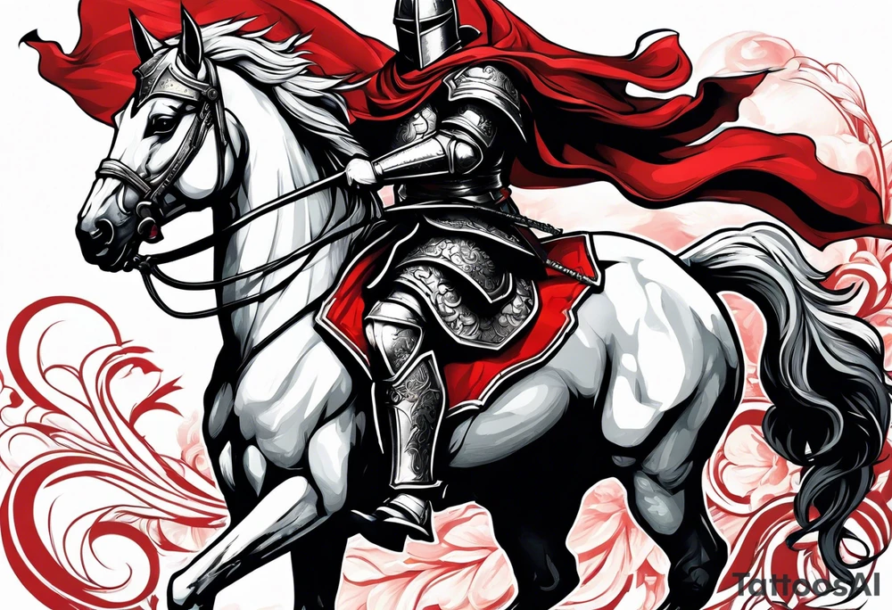 Templer knight on horse with sword and shield with red cross tattoo idea