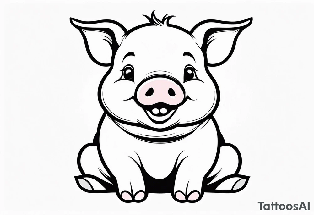 very cute chubby happy piglet.
outline only.
black and white only.
only show the piglet. no extra lines or decoration.
no black shading.
dont make the ears too big.
draw very thin lines tattoo idea