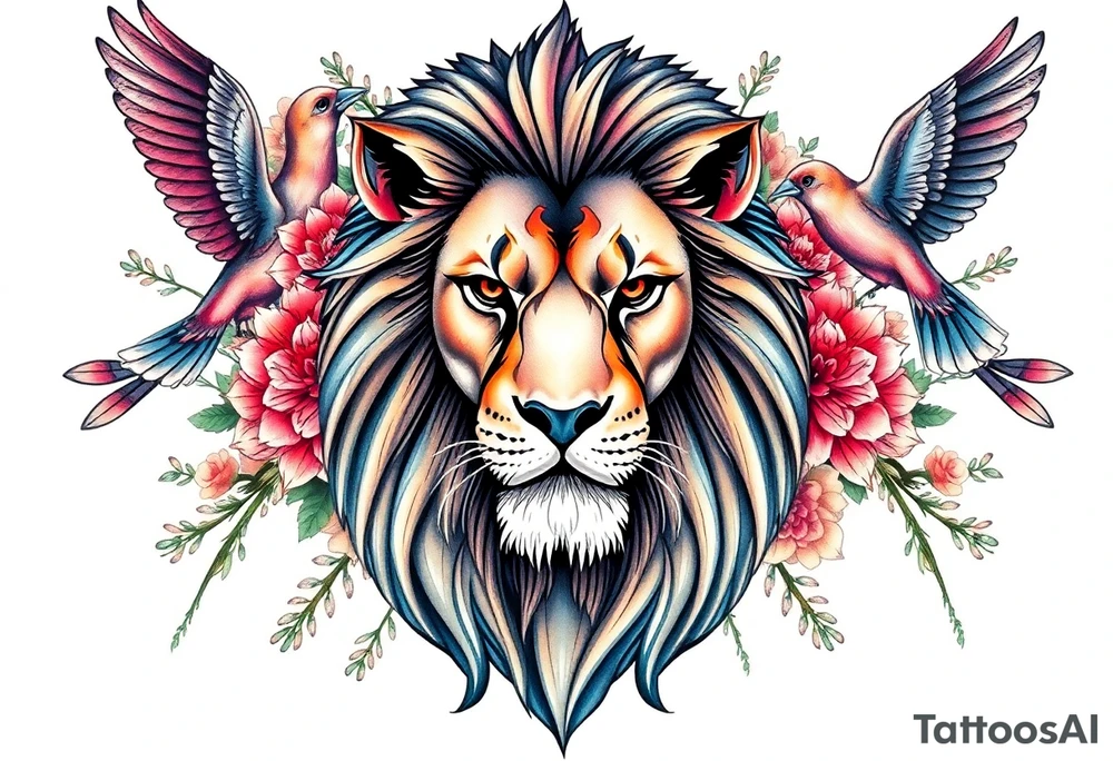 powerful majestic lion with a crown, surrounded by floral ornaments and birds tattoo idea
