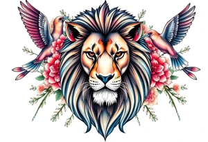 powerful majestic lion with a crown, surrounded by floral ornaments and birds tattoo idea