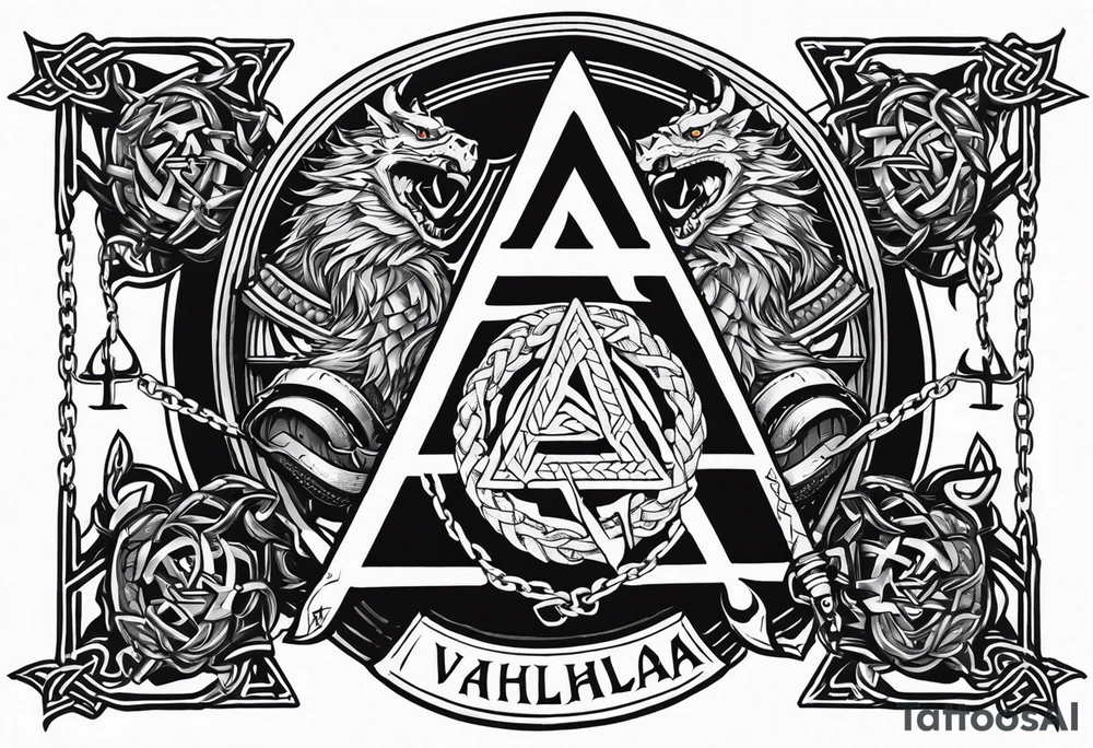 Valhalla sword shield dragon axe Valknut barbed wire chains fire tattoo idea Valhalla sword shield dragon axe Valknut barbed wire chains fire tattoo idea