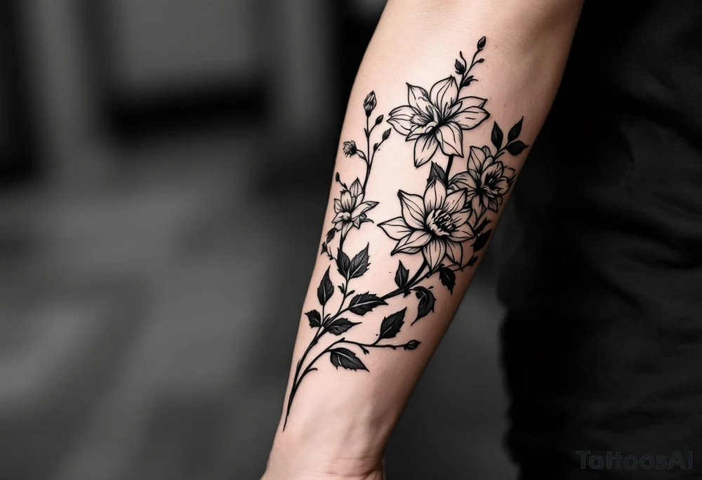 starting from a band mid-forearm, a sleeve of holly flowers and daffodils tattoo idea