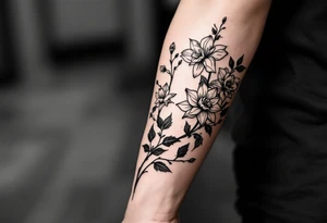 starting from a band mid-forearm, a sleeve of holly flowers and daffodils tattoo idea