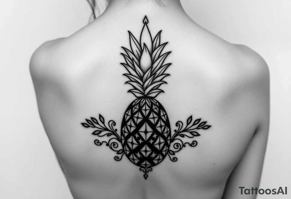 Design around a vagina and anus using a pineapple with diamonds and magestic, crown, vagina, anus, pubic tattoo idea
