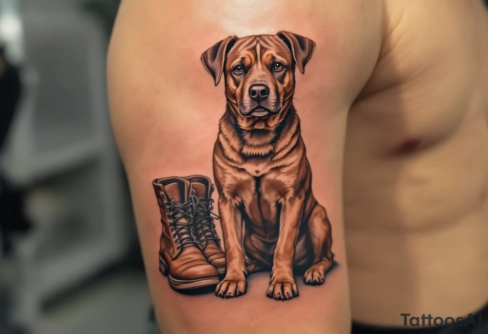 Loyal Companion Design – A calm Stafford sitting beside a pair of worn boots, symbolizing loyalty. Done in sepia tones with muted brown accents. tattoo idea