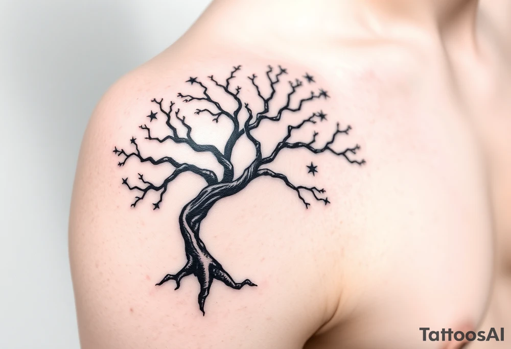 Flowing asymmetrical symbolic tree quarter sleeve on shoulder that extends down arm and onto back and chest. Bold and simple branches that do not look realistic. Tree of gondor with seven stars tattoo idea