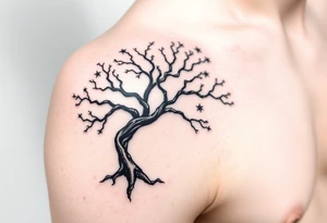 Flowing asymmetrical symbolic tree quarter sleeve on shoulder that extends down arm and onto back and chest. Bold and simple branches that do not look realistic. Tree of gondor with seven stars tattoo idea