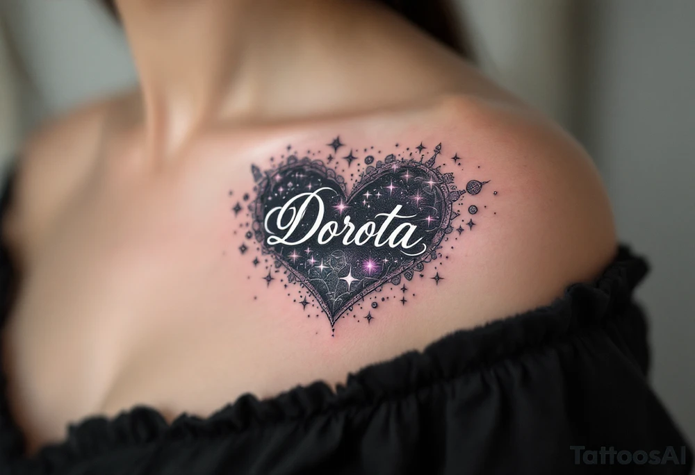 A heart surrounded by cosmic elements, with names "Dorota" written in an elegant white script, accented by soft purple and silver sparkles. tattoo idea