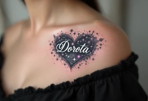 A heart surrounded by cosmic elements, with names "Dorota" written in an elegant white script, accented by soft purple and silver sparkles. tattoo idea