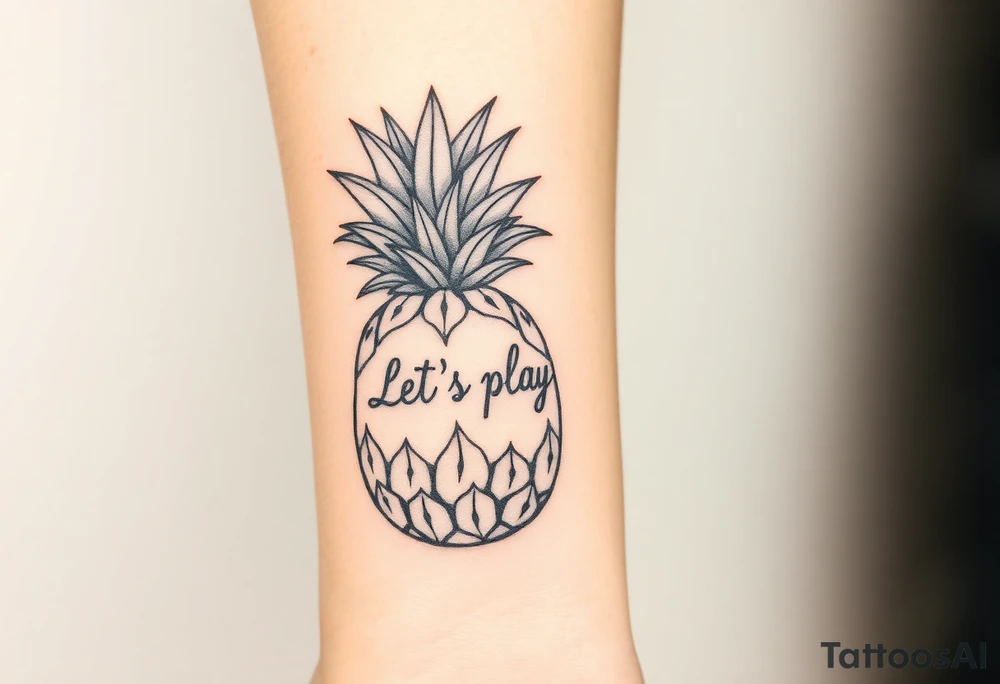 A black ink wrist tattoo featuring a realistic yet minimalistic pineapple. The pineapple is finely detailed with clean, precise lines, capturing the natural texture of the fruit while keeping the design subtle and uncluttered. Inside the body of the pineapple, the phrase "Let's play" is clearly placed in a bold but not overly thick font, ensuring readability while maintaining balance with the overall design. The leaves of the pineapple have a fine-line style with slight variations in thickness for a natural feel. The tattoo blends fine details with subtle bold elements, creating a clean and modern aesthetic. tattoo idea