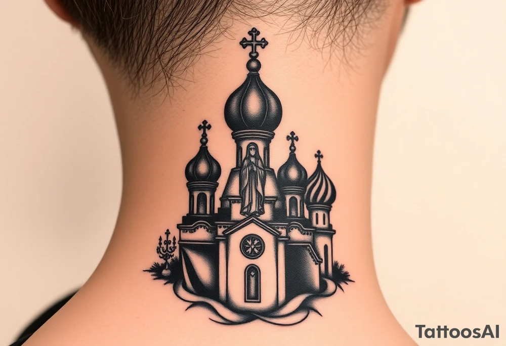 Flowing Scene

A onion domes orthodox church
Virgin Mary in prayer pose wrapping around the lower neck curve
A small double headed russian coat of arms eagle or just the star tucked above the dome near the hairline tattoo idea