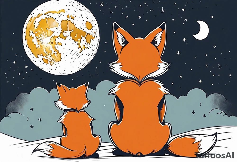 A little girl and a little fox looking at the moon, we see them from behind tattoo idea