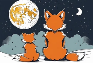 A little girl and a little fox looking at the moon, we see them from behind tattoo idea