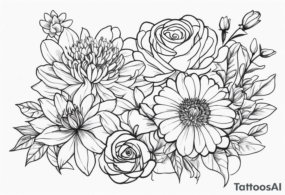 Asters, roses, lily, and chrysanthemums in a stretched line tattoo idea