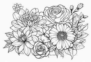 Asters, roses, lily, and chrysanthemums in a stretched line tattoo idea