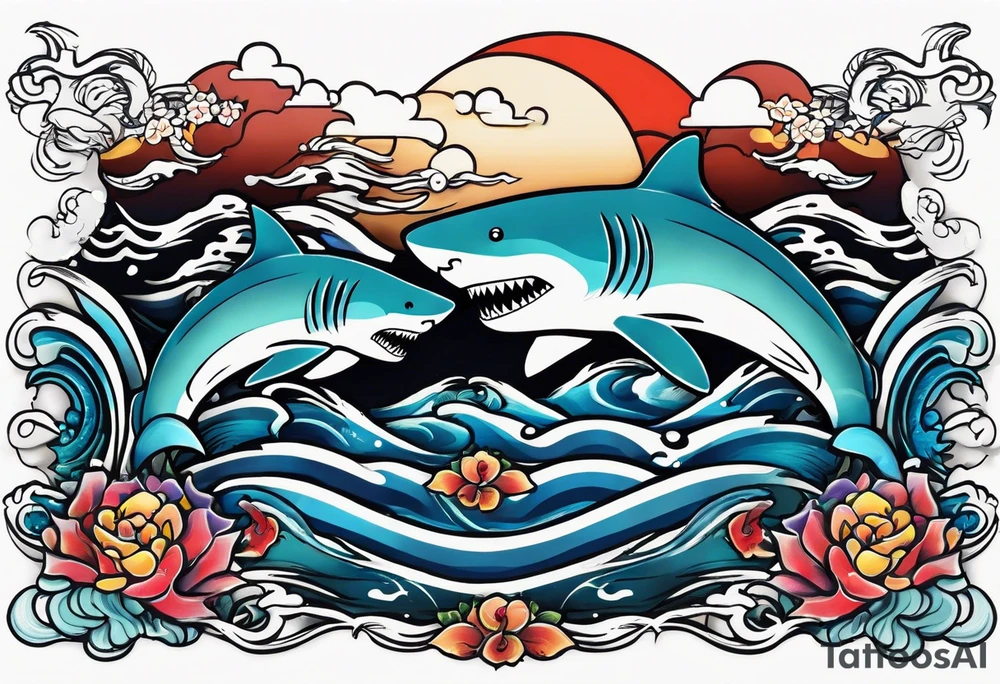 Two sharks Japanese waves with Pisces sign in middle tattoo idea