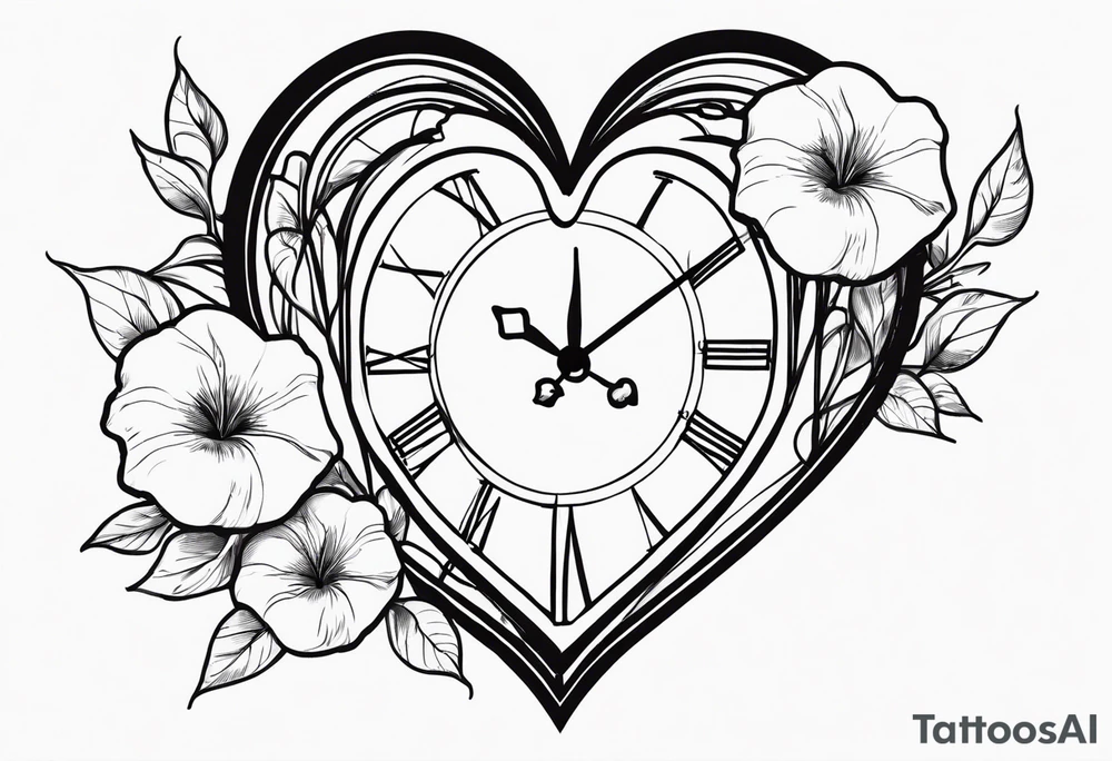 Heart with morning glory flowers and Cameron as the line to draw the heart and the time 8:34am tattoo idea