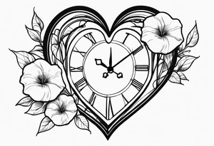 Heart with morning glory flowers and Cameron as the line to draw the heart and the time 8:34am tattoo idea