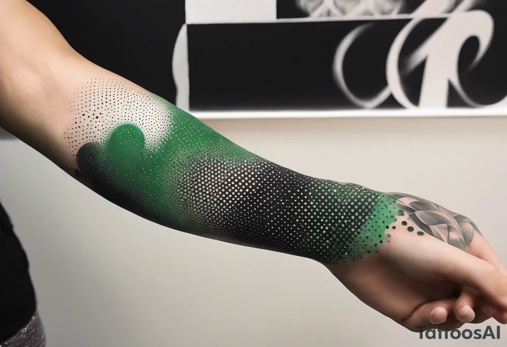 abstract, green and black, covered from wrist to forearm, fully covered, no borders, blackwork tattoo idea