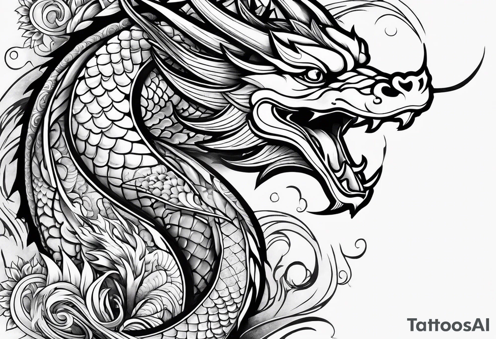 Māori dragon, koi, water shoulder tattoo idea