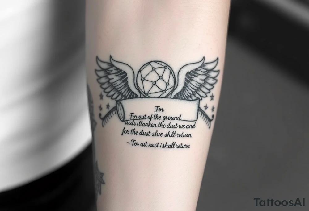 A black and white tattoo that will be placed in the forearm, the tattoo is based on biblical images such as clouds, angels, wings, gods hands, wisdom, glory and a journal pages style with a text reading “For out of the ground we were taken for the dust we are and to the dust we shall return” tattoo idea