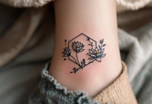 Leo sign, larkspur and water lily surrounded by a hexagon tattoo idea