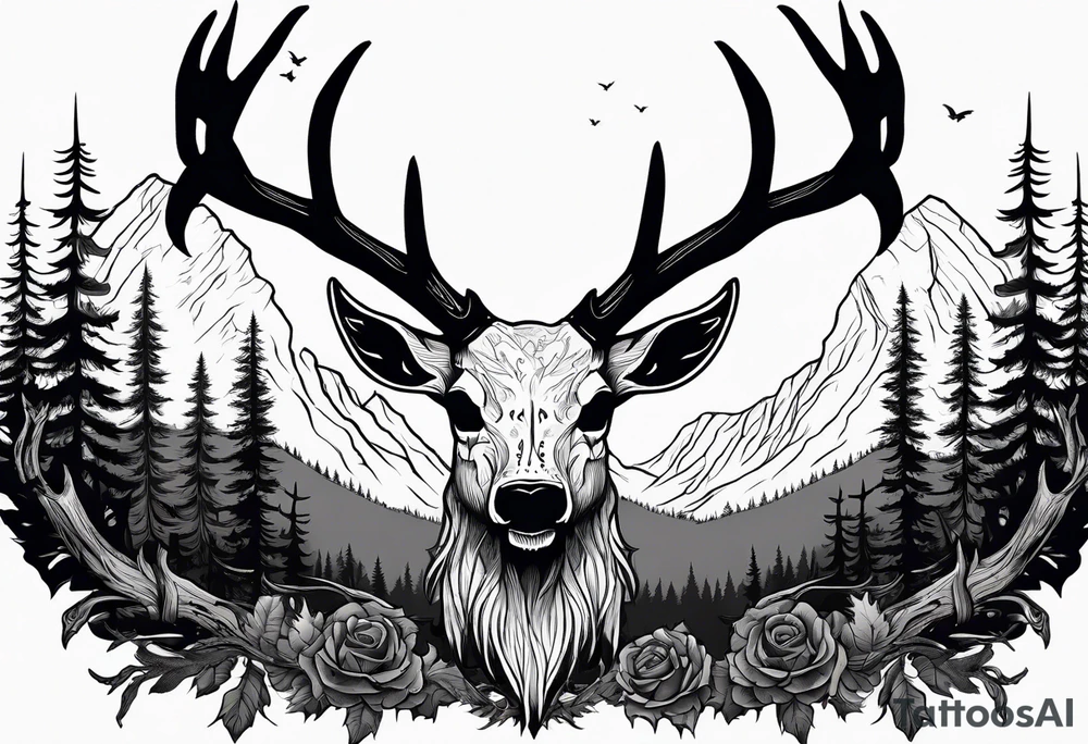 A spooky decaying deer skull lore accurate wendigo surrounded by a forest fire in background tattoo idea