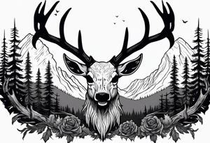 A spooky decaying deer skull lore accurate wendigo surrounded by a forest fire in background tattoo idea