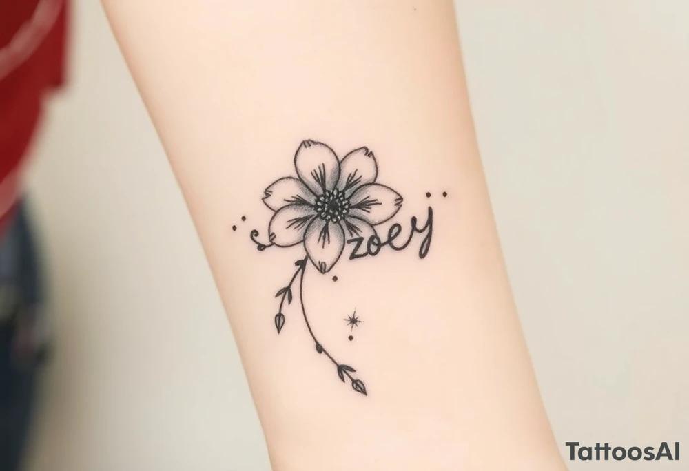 I want it on my wrist. I want a beautiful flower on the inside of my wrist with tendrils down the inside of my arm with little delicate stars or motes and the name Zoey

Why are you showing it on a back? I want it on the inside of my wrist

I want it to be a little smaller. I want the lines to be super fine. I want more organic delicate tendrils. The name Zoey should be about 3" up on the inside of my arm 

I just want the tendrils to look more natural and flowy and graceful.
I do not want stars in it anymore. 
Please show it on the inside of the wrist with the blossom just below the palm and the tendrils curling up the inside of the arm. I want a little more tendrils with some little sparkles very delicate leading to the name
More options. Make it super delicate and graceful. The tendrils can have tiny delicate leaves 

It needs to be on the underside of the wrist on the inside flowing up the arm
More tendrils and more sparkles
More options please tattoo idea