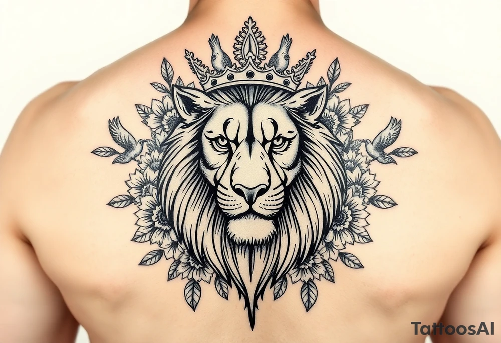 powerful majestic lion with a crown, surrounded by floral ornaments and birds tattoo idea