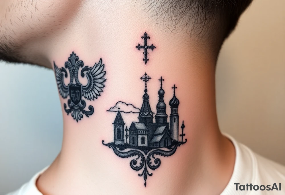 Traditional authentic Russian coat of arms with a Christian orthodox virgin marry in the middle and silhouette in a Russian wilderness Christian orthodoxy dome church village setting on the side of my neck tattoo idea